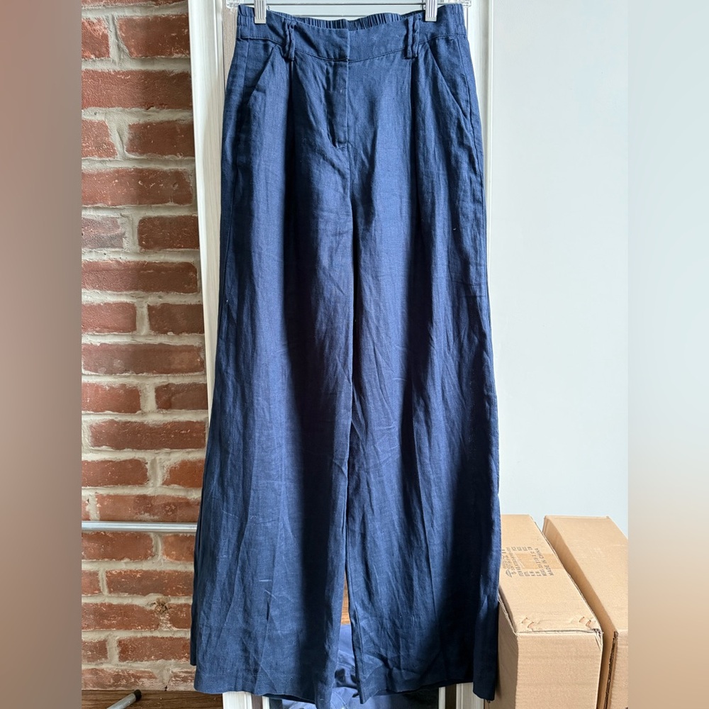 Magaschoni 100% Linen Navy Wide Leg Pant